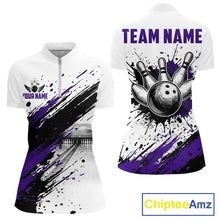 Load image into Gallery viewer, Black and purple splatter paint bowling ball and pins shirt for women custom bowling attire