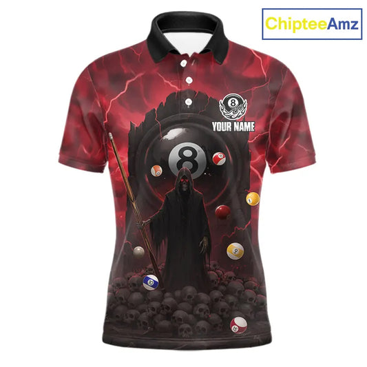Red Multi-Skull 8 Ball Pool Men Polo & 1/4-Zip Team Shirt Custom Billiard Ball & Cue Gifts NYN2435
