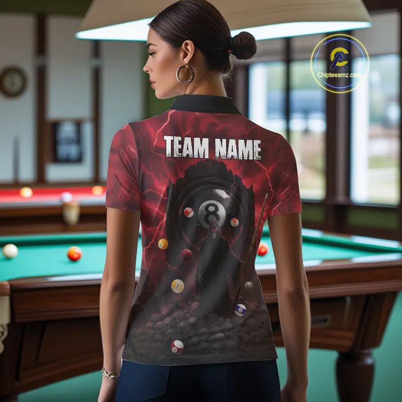 Red Multi-Skull 8 Ball Pool Women Polo & 1/4-Zip Team Shirt Custom Billiard Ball & Cue Gifts NYN2435