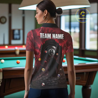 Red Multi-Skull 8 Ball Pool Women Polo & 1/4-Zip Team Shirt Custom Billiard Ball & Cue Gifts NYN2435