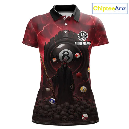 Red Multi-Skull 8 Ball Pool Women Polo & 1/4-Zip Team Shirt Custom Billiard Ball & Cue Gifts NYN2435