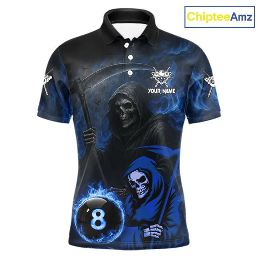 Blue Flames 8 Ball Pool Billiard Team Shirt For Men Custom Grim Reaper Billiard Balls Jerseys NYN2440