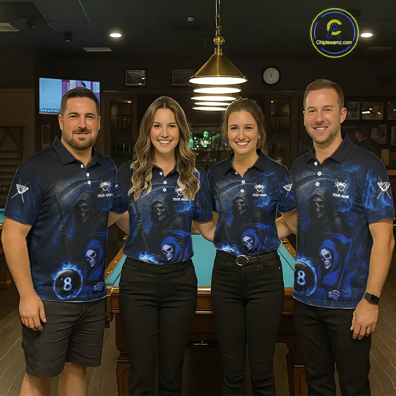 Blue Flames 8 Ball Pool Billiard Team Shirt For Men Custom Grim Reaper Billiard Balls Jerseys NYN2440