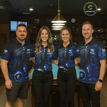 Blue Flames 8 Ball Pool Billiard Team Shirt For Men Custom Grim Reaper Billiard Balls Jerseys NYN2440