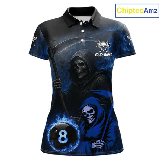 Blue Flames 8 Ball Pool Billiard Team Shirt For Women Custom Grim Reaper Billiard Balls Jerseys NYN2440