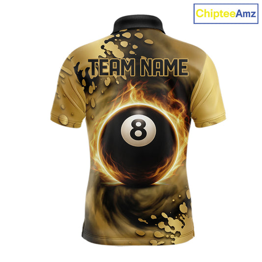 Custom Black And Gold Splatter Billiard Pool Shirts For Men Flame 8 Ball Billiard Team Attire NYN3018