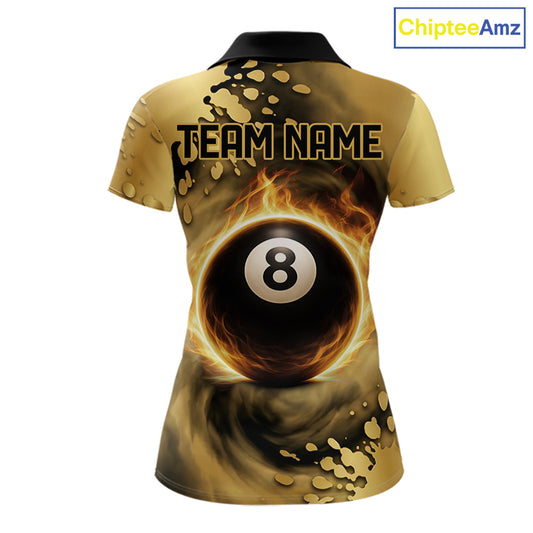 Custom Black And Gold Splatter Billiard Pool Shirts For Women Flame 8 Ball Billiard Team Attire NYN3018