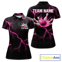 Load image into Gallery viewer, Thunder Lightning Women Bowling Shirt Custom Pink Splatter Bowling Ball &amp; Pins Team Shirts NYN3192