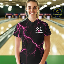 Load image into Gallery viewer, Thunder Lightning Women Bowling Shirt Custom Pink Splatter Bowling Ball &amp; Pins Team Shirts NYN3192