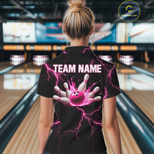 Load image into Gallery viewer, Thunder Lightning Women Bowling Shirt Custom Pink Splatter Bowling Ball &amp; Pins Team Shirts NYN3192