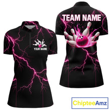 Load image into Gallery viewer, Thunder Lightning Women Bowling Shirt Custom Pink Splatter Bowling Ball &amp; Pins Team Shirts NYN3192