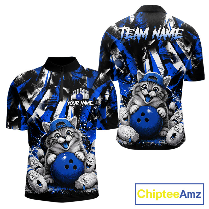 Funny Cat Blue & White Grunge Bowling Jersey For Men Custom Bowling Tournament Bowling Team Shirts NYN3198