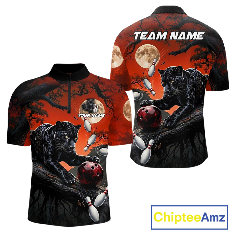 Men's black red panther quarter zip bowling shirt custom bowling jersey mockup