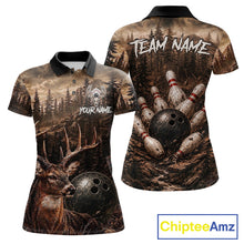 Load image into Gallery viewer, Funny deer grunge forest bowling polo shirt for women brown bowling jersey mockup
