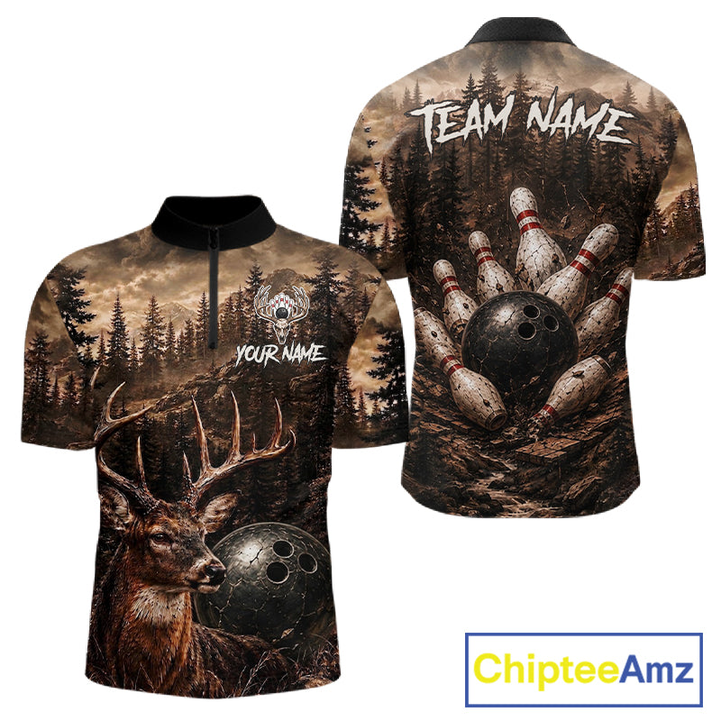Funny deer quarter zip bowling shirt for men custom forest bowling jersey mockup