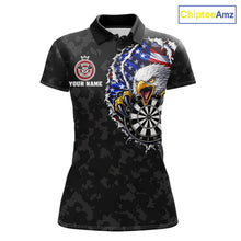 Load image into Gallery viewer, Patriotic American Flag Skull Eagle Camo Women's Darts Polo Shirt Mockup, Black Custom USA Dart Team Jersey, Personalized Tournament Apparel
