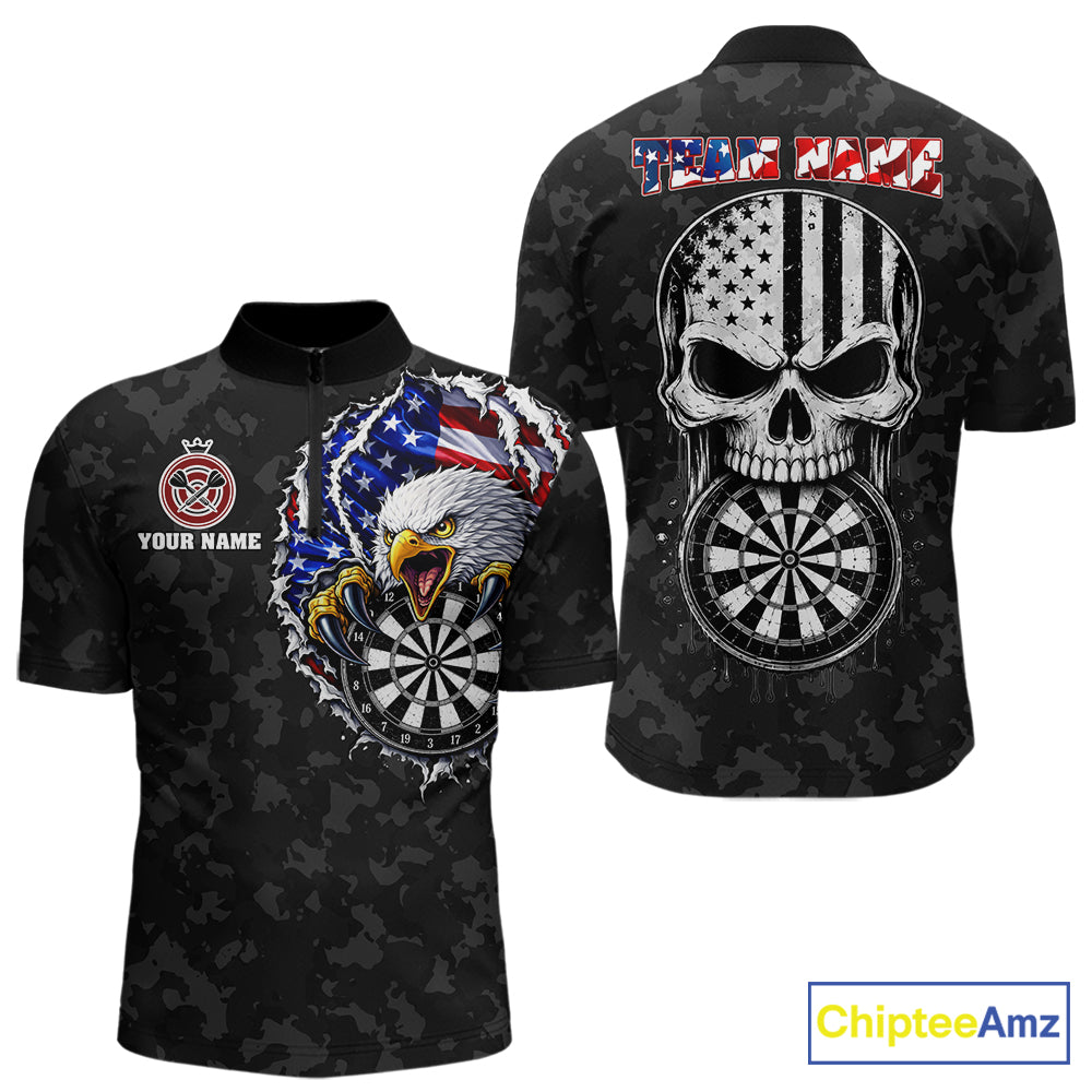 Patriotic USA Flag Skull Eagle Men's Quarter-Zip Darts Jersey Mockup, Black Personalized League Shirt