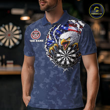 Load image into Gallery viewer, Male model wearing Patriotic Skull Eagle Blue Darts Polo, Personalized USA Tournament Jersey