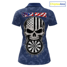 Load image into Gallery viewer, Patriotic American Flag Skull Eagle Camo Women's Darts Polo Shirt Mockup, Blue Custom USA Dart Team Jersey, Personalized Tournament Apparel