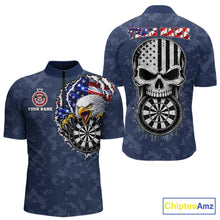 Load image into Gallery viewer, Patriotic USA Flag Skull Eagle Men's Quarter-Zip Darts Jersey Mockup, Blue Personalized League Shirt