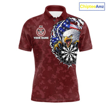 Load image into Gallery viewer, Patriotic American Flag Skull Eagle Camo Women's Darts Polo Shirt Mockup, Red Custom USA Dart Team Jersey, Personalized Tournament Apparel