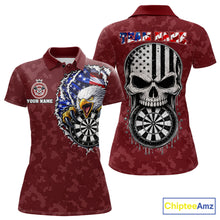 Load image into Gallery viewer, Patriotic American Flag Skull Eagle Camo Women's Darts Polo Shirt Mockup, Red Custom USA Dart Team Jersey, Personalized Tournament Apparel