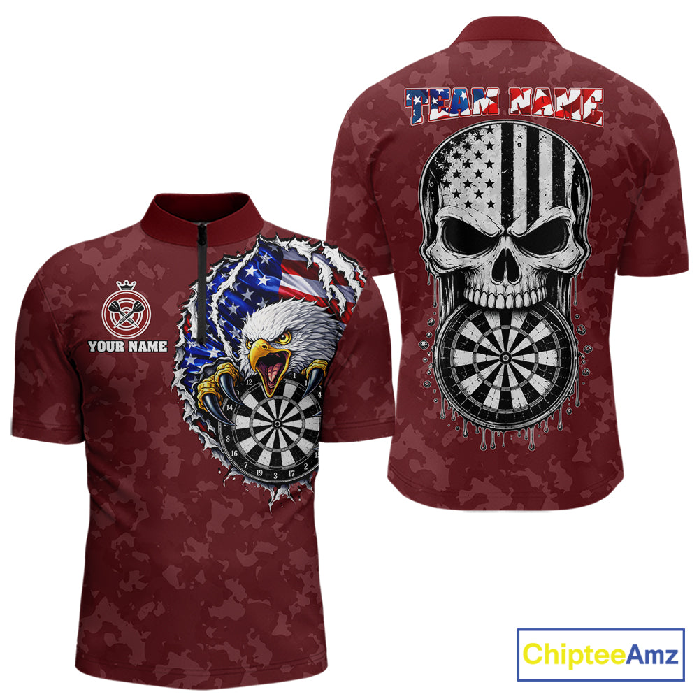 Patriotic USA Flag Skull Eagle Men's Quarter-Zip Darts Jersey Mockup, Red Personalized League Shirt
