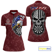 Load image into Gallery viewer, Patriotic USA Flag Skull Eagle Women's Quarter-Zip Darts Shirt Mockup, Red Custom Dart Tournament Jersey