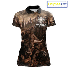 Load image into Gallery viewer, Funny Bull Bowling Shirts For Women Custom Grunge Forest Polo &amp; 1/4 Zip Bowling Team Jersey NYN3731