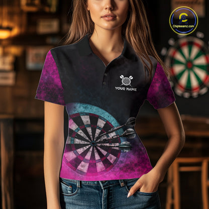 Blue & Pink Tie Dye Grunge Darts Polo Shirts For Women Custom Wings Dartboard Team Jerseys NYN2447