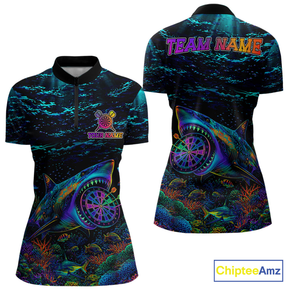 Personalized Ocean Blue Holographic Dartboard Womens Darts Shirt Custom Funny Shark Dart Team Jerseys NYN3203