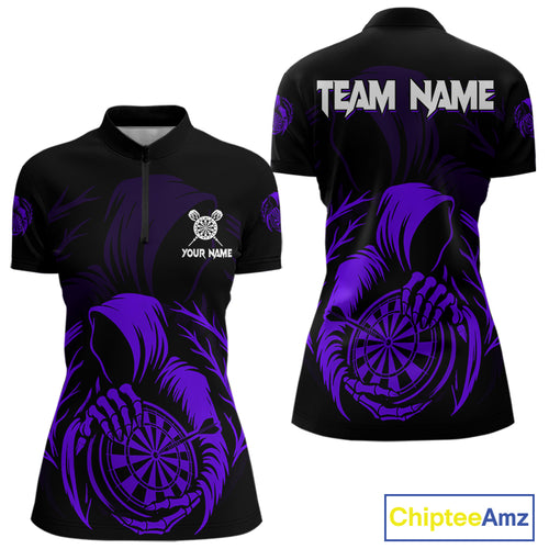 Custom Black And Purple Grim Reaper Dartboard Dart Women 1/4-Zip Shirt Outfits Dart Jerseys NYN1637
