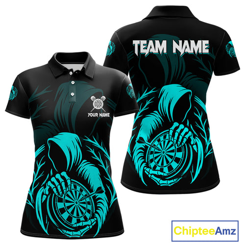 Custom Black And Turquoise Grim Reaper Dartboard Dart Women Polo Shirt Outfits Dart Jerseys NYN1638