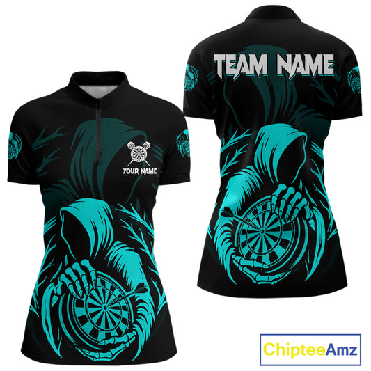 Custom Black And Turquoise Grim Reaper Dartboard Dart Women 1/4-Zip Shirt Outfits Dart Jerseys NYN1638