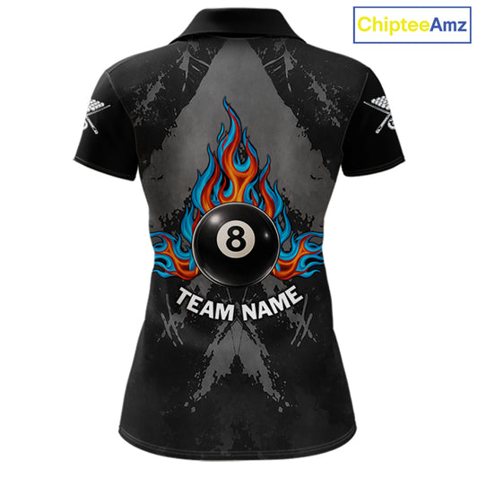 Blue And Red Flames 8 Ball Pool Women Polo & 1/4-Zip Team Shirts Custom Billiards Ball Apparel NYN2460