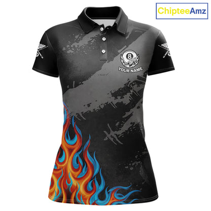 Blue And Red Flames 8 Ball Pool Women Polo & 1/4-Zip Team Shirts Custom Billiards Ball Apparel NYN2460