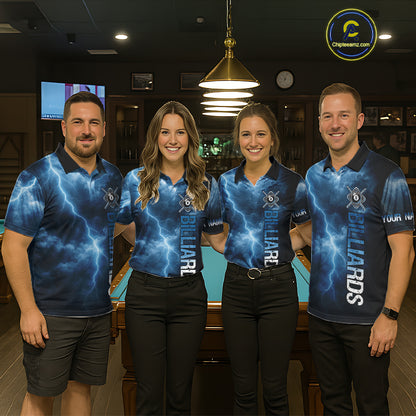 Thunder Lightning Blue Billiard Shirts For Men Custom Cracked 8 Ball Pool Billiard Team Jerseys NYN3044