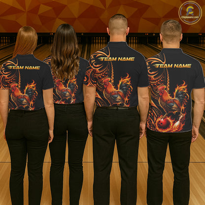 Personalized Flame Rooster Funny Bowling Shirts For Women, Orange Tribal Bowling Shirts Team Uniform NYN4076