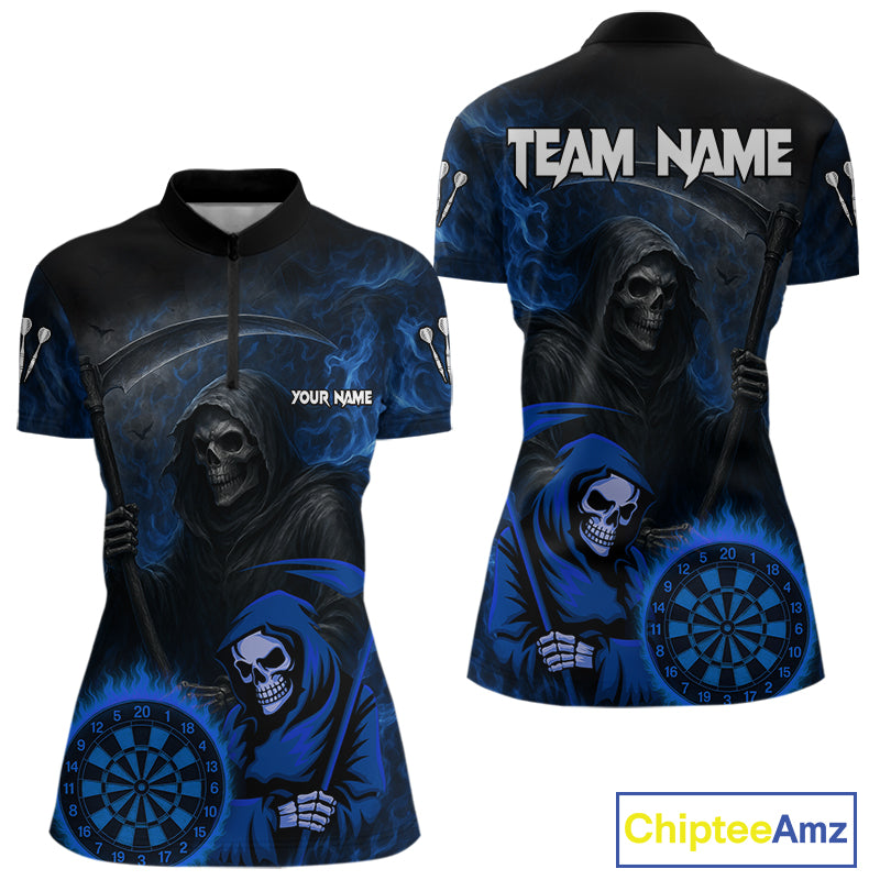 Custom Blue Smokes Flame Dartboard Grim Reaper Dart Women Quarter-Zip Jerseys Dart Team Shirt NYN1655