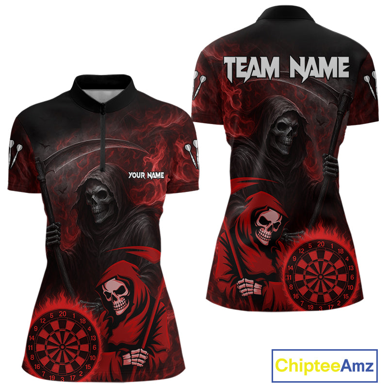 Custom Red Smokes Flame Dartboard Grim Reaper Dart Women Quarter-Zip Jerseys Dart Team Shirt NYN1656