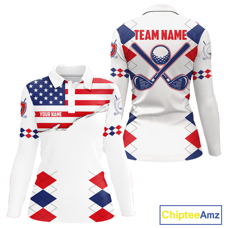 Womens US Flag Golf Shirts Patriotic Golf Jersey Custom Red And Blue Golf Polo Clothes, Golf Gifts NYN3054