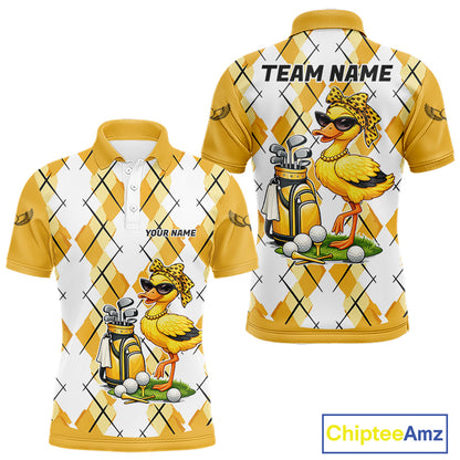 Mens Funny Duck Golfer Polo Golf Shirts Custom White Yellow Argyle Golf Team Attire For Golfers NYN3057