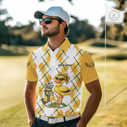 Mens Funny Duck Golfer Polo Golf Shirts Custom White Yellow Argyle Golf Team Attire For Golfers NYN3057