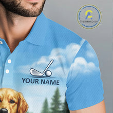 Load image into Gallery viewer, Man wearing Golden Retriever golf polo shirt on golf course matching couples golf outfit