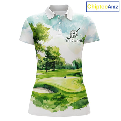 Women's green watercolor golf course polo shirt mockup personalized golf apparel