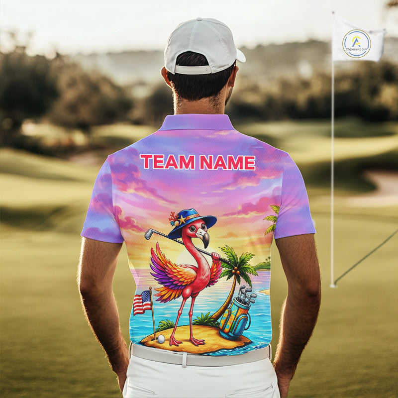 Man wearing flamingo island golf polo shirt on golf course
