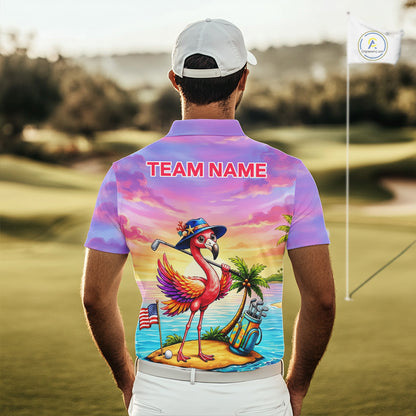 Man wearing flamingo island golf polo shirt on golf course