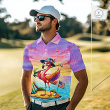 Load image into Gallery viewer, Man wearing flamingo island golf polo shirt on golf course