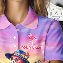 Load image into Gallery viewer, Woman wearing flamingo island golf polo shirt on golf course