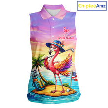 Load image into Gallery viewer, Women's flamingo island golf ball sleeveless polo shirt mockup tropical golf attire